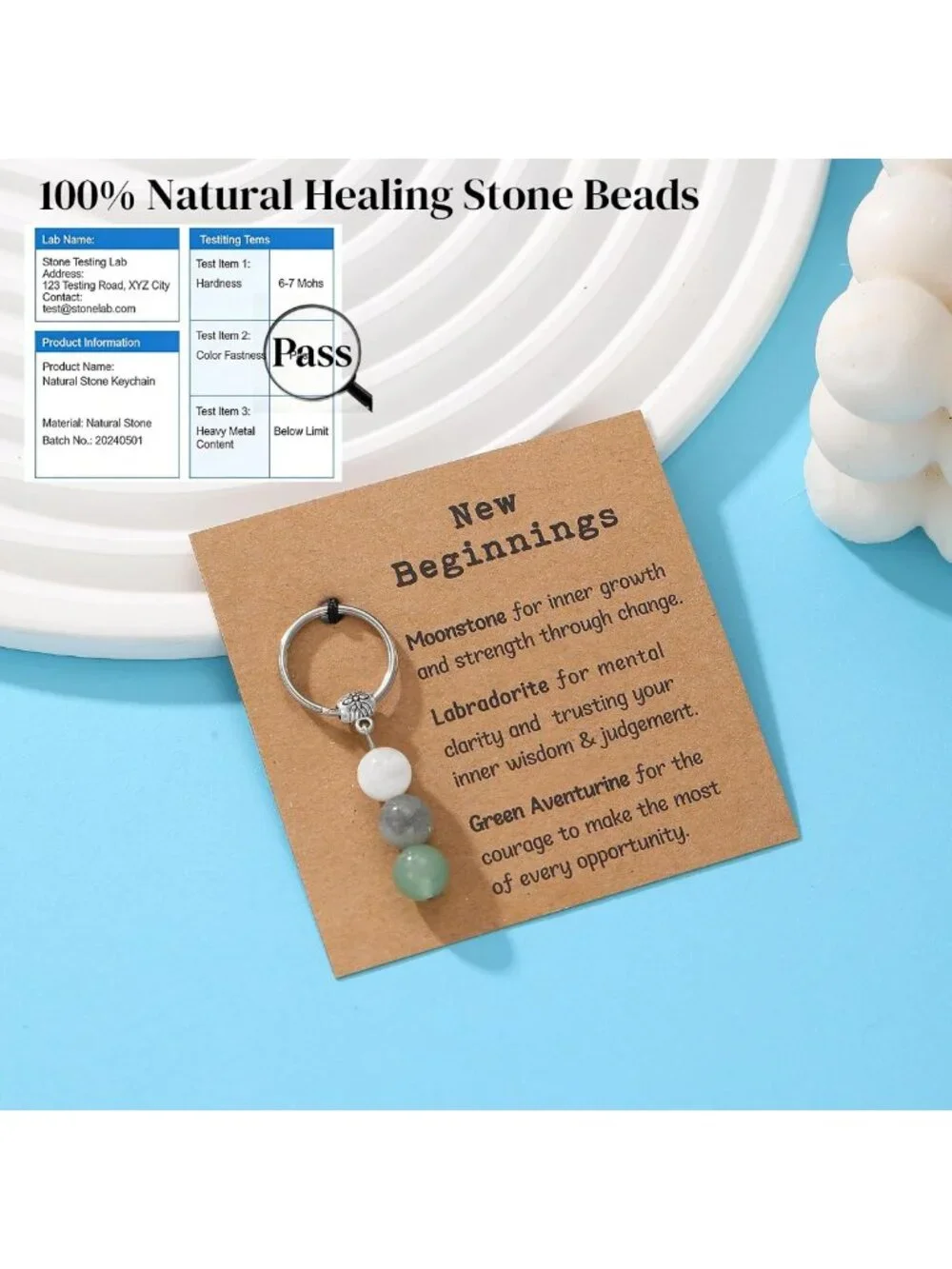 Natural Crystals Keychain for New Beginnings, Anxiety Relief Gift for Women